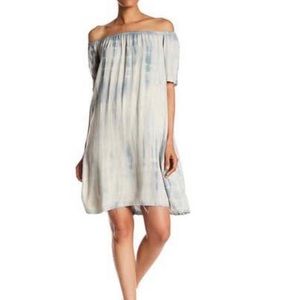 Mono B Blue Tie Dye Off Shoulder Raw Hem Linen Blend Dress Medium Frayed Beach